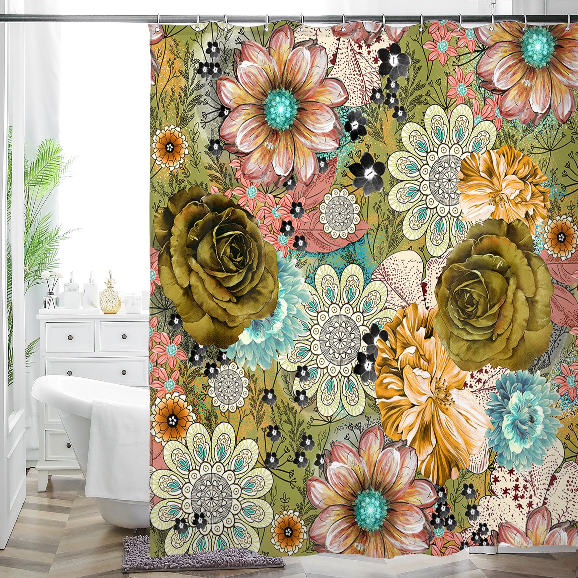 Floral deals Boho Flower Pattern Fabric Polyester Shower Curtain